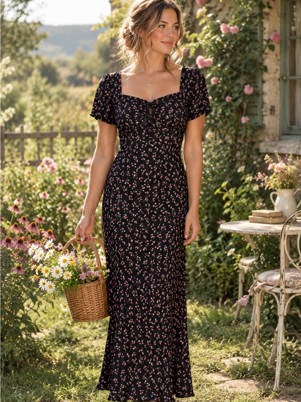 Vintage Y2K 1990s Floral Midi Square Neck Rayon Dress Cottagecore 2 Boho whimsy